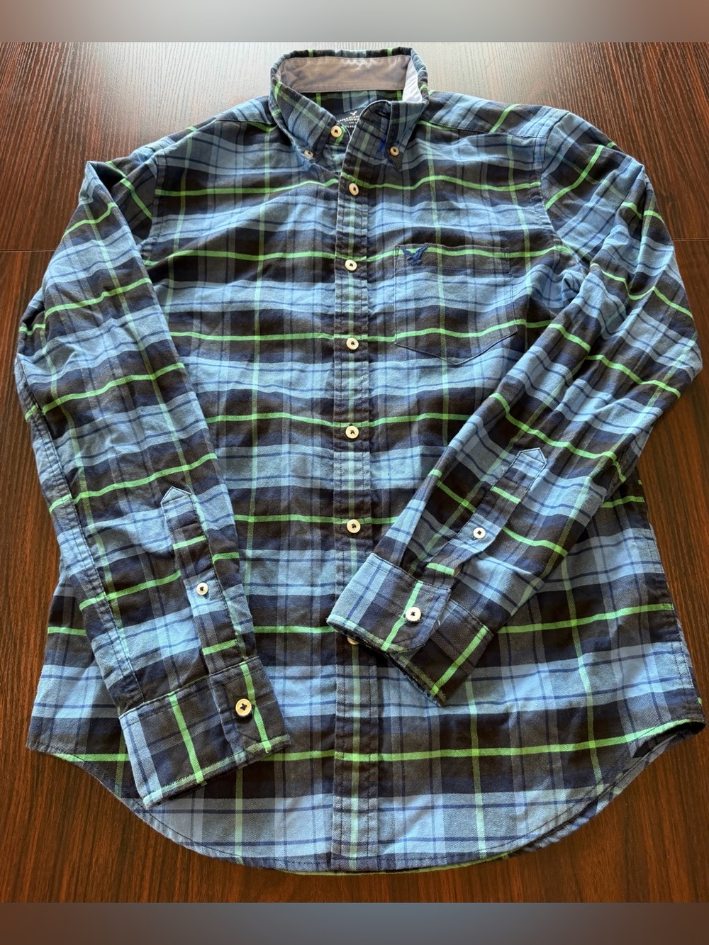 American Eagle Mens Blue Green Plaid Long Sleeve Button Down Shirt Classic S
